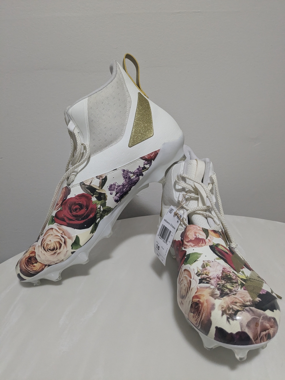 adidas White Floral Football Cleats with Gold Accent